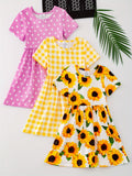 3pcs Girls Charming Short Sleeve Dress Set - Adorable Striped & Polka Dot Print with Sunflower Accent - Lightweight Summer Wear for Parties and Gifts