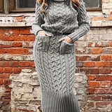 Solid Cable Knit Sweater Dress, Casual Turtleneck Long Sleeve Pocket Front Dress, Women's Clothing