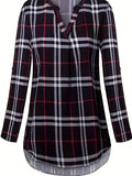 Plaid Print Notch Neck Blouse, Casual Long Sleeve Blouse For Spring & Fall, Women's Clothing