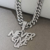 1 Piece of Luxurious Shiny NEVERGIVEUP Pendant Necklace - Rhinestone Encrusted, Plated White K, Hip Hop Choker Style for Men and Women - Alloy Material, Cuban Chain, Perfect Fashion Accessory