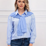 Tie Front Stripe Print Polo Collar Blouse, Casual Long Sleeve Blouse For Spring & Fall, Women's Clothing