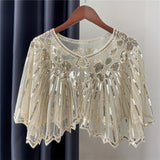Vintage Punk Shawl Sequin Beaded Short Cape Elegant Mesh Breathable Short Wrap Women Dress Accessories