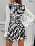 Houndstooth Print Tie Neck Dress, Elegant Long Sleeve Bodycon Dress, Women's Clothing