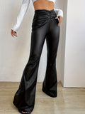 Faux Leather Flare Leg Pants, Stylish Solid Color Ruched Pants, Women's Clothing