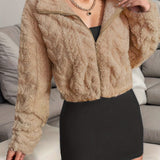 Solid Zip-up Plush Coat, Thermal Long Sleeve Lapel Jacket For Fall & Winter, Women's Clothing