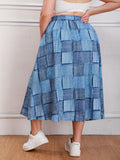 Plus Size Casual Skirt, Women's Plus Colorblock Denim Print Drawstring Elastic High Rise Slight Stretch Smock Maxi Skirt