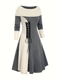 Color Block Lace Up Dress, Casual Long Sleeve Boat Neck Knit Dress For Fall & Winter, Women's Clothing