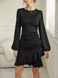 Ruffle Hem Ruched Dress, Elegant Solid Long Sleeve Dress, Women's Clothing