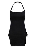 deanwangkt  Sexy Backless Halter Neck Dress, Solid Sleeveless Ring Split Hem Mini Dress, Women's Clothing