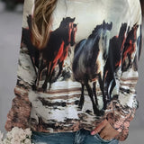 Horse Head Print Pullover Sweatshirt, Casual Long Sleeve Crew Neck Sweatshirt For Fall & Winter, Women's Clothing