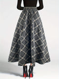 deanwangkt-1 Plaid Print High Waist Tweed Skirt, Elegant Warm Flared Midi Skirt For Fall & Winter, Women's Clothing