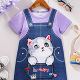 Girls Adorable 3D Cartoon Cat Graphic Round Neck Short Sleeve Dress - Soft Slight Stretch Polyester Fabric, Elegant Style, Machine Washable, Perfect for Spring, Summer, and Fall Daily Wear