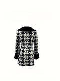 Houndstooth Faux-Fur Trim Outwear, Elegant Double Breasted Long Sleeve Belted Coat For Winter, Women's Clothing