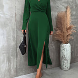 Split Solid Midi Dress, Elegant V Neck Long Sleeve Dress, Women's Clothing