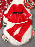 2 Pcs Toddler Girl's Christmas Outfit Set: Belted Peplum Top & Velvet Flared Pants, Santa Claus Dressed-up Clothes for Winter Fall