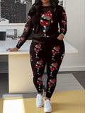 Women's Casual Christmas Wine Glass Print Long Sleeve & Pants Set with Pockets - Stretchy Polyester Blend, Machine Washable