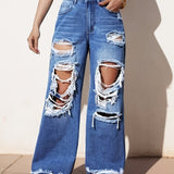 Ripped Straight Leg Loose Fit Jeans, High Rise Wide Legs Distressed Denim Pants, Women's Denim Jeans & Clothing