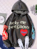 Lucky Me I See Ghosts Letter Graphic Casual Sports Sweatshirt For Halloween, Fashion Hip Hop  Pullover Hoodie, Women's Tops