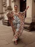 Plus Size Boho Kaftan Dress, Women's Plus Zebra & Paisley Print Batwing Sleeve Notched Neck Maxi Split Dress