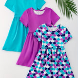 3pcs Girls Charming Short Sleeve Dress Set - Adorable Striped & Polka Dot Print with Sunflower Accent - Lightweight Summer Wear for Parties and Gifts