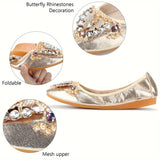 KUNWFNIX Sparkling Pointed-Toe Ballet Flats - Rhinestone Embellished, Foldable Soft TPR Sole, Microfiber Artificial Leather Upper, Sequin Decorated, Slip-On Design for Comfortable Walking - Perfect for Summer and All-Season Wear