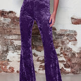 High Waist Solid Velvet Pants, Boho Every Day Flare Leg Pants For All Season, Women's Clothing