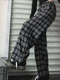 Plus Size Casual Pants, Women's Plus Plaid Print Elastic High Rise Wide Leg Trousers With Pockets