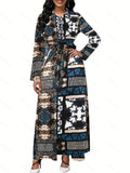 Plus Size Casual Dress, Women's Plus Geometric Print Button Up Long Sleeve Turn Down Collar Maxi Shirt Dress With Pockets