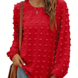 Plus Size Casual Top, Women's Plus Solid Swiss Dot Lantern Sleeve Round Neck Tunic Top