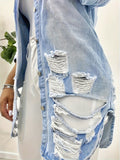 Long Sleeve Destroyed Butt Cover Denim Shirt, Ripped Fabrics Patch Pockets Button Closure Solid Color Shirt, Women's Denim & Clothing