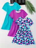 3pcs Girls Charming Short Sleeve Dress Set - Adorable Striped & Polka Dot Print with Sunflower Accent - Lightweight Summer Wear for Parties and Gifts