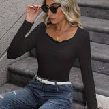 deanwangk Solid Lace Trim Pleated T-Shirt, Elegant Long Sleeve Top For Spring & Fall, Women's Clothing