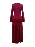 Ruched Solid Dress, Elegant V Neck Lantern Long Sleeve Maxi Party Dress, Women's Clothing