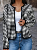 Plaid Open Front Jacket, Casual Contrast Trim Jacket For Spring & Fall, Women's Clothing