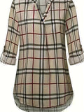 Plaid Print Notch Neck Blouse, Casual Long Sleeve Blouse For Spring & Fall, Women's Clothing