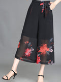 Floral Pattern Chiffon Cropped Wide Leg Pants, Casual Belted Pants For Spring & Summer, Women's Clothing