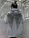 Wings Print Back Hoodies, Casual Drawstring Kangaroo Pocket Sweatshirt, Women's Clothing