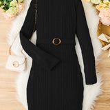 Teen Girls Rib Knitted Warm Bodycon Sweater Dress With Belt