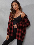 Plaid Print Button Front Shirt, Casual Cuff Sleeve Lapel Shirt, Women's Clothing