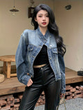 Long Sleeves Lapel Denim Coat, Flap Pockets Single Breasted Button Versatile Denim Jacket, Women's Denim Clothing