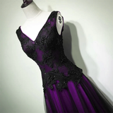 Solvbao A-line Black and Purple Tulle V-neckline Beaded Prom Dress, Black Tulle Formal Dress