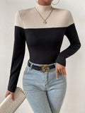 Ribbed Colorblock Mock Neck T-Shirt, Casual Long Sleeve Top For Spring & Fall, Women's Clothing