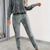 Solid Casual Two-piece Set, Long Sleeve Hooded Tops & Long Length Slim Pants Outfits, Women's Clothing