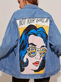 Figure & Letter Print Denim Jackets, Washed Long Sleeves Street Style Lapel Denim Coats, Women's Denim Clothing