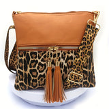 Stylish Leopard Print Tassel PU Crossbody Pouches - Adjustable Removable Strap, Zipper Closure, Polyester Lining, Random Animal Print Design - Fashionable Womens Handbags for Everyday Use