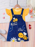 Midi Length Sleeveless Girls Cute Bee & Daisy Graphic Frill Sleeve T-Shirt Dress - Soft Slight Stretch Polyester Fabric, Crew Neck, Regular Fit, Casual Style - Perfect for Holiday, Going Out, Summer Gift