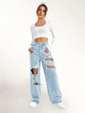 Ripped Straight Leg Loose Fit Jeans, High Rise Wide Legs Distressed Denim Pants, Women's Denim Jeans & Clothing