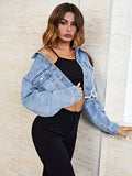 deanwangkt-1  Blue Ripped Holes Washed Denim Jackets, Long Sleeves Frayed Hem Lapel Denim Coats, Women's Denim Clothing