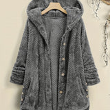 Solid Color Mid-Length Thicken Warm Blend Coat, Casual Button Front Long Sleeve Outerwear, Women's Clothing