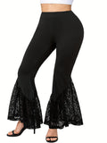 Plus Size Casual Pants, Women's Plus Plain Contrast Lace High Stretch Skinny Flare Leg Pants